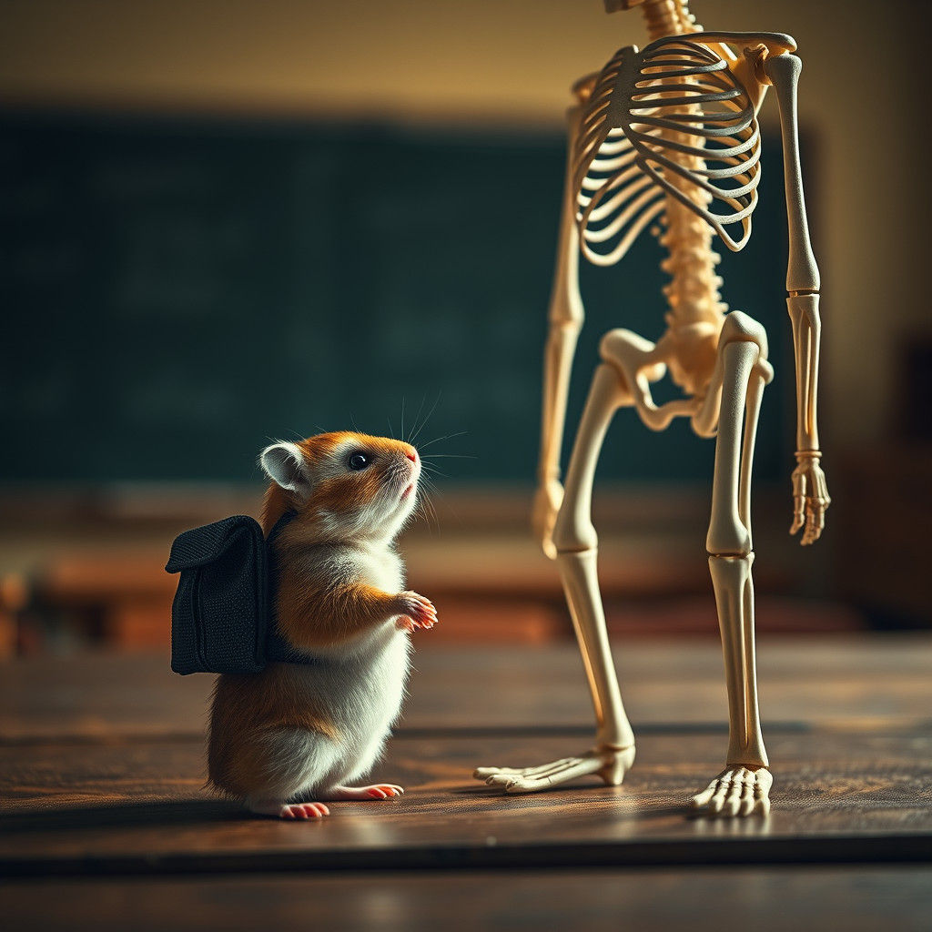 Hamster Contemplates Human Skeleton in Biology Classroom