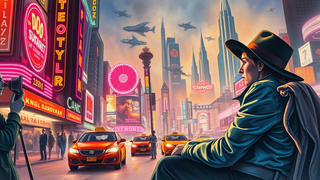 Neon Cityscape with Exhausted Woman, Watercolor Style