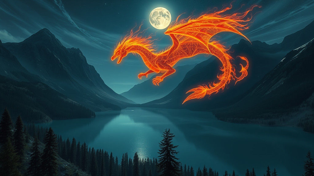 Fiery Dragon Over Moonlit Mountain Lake