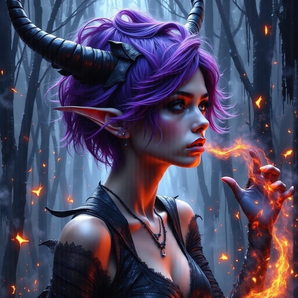 Cyberpunk Fairy Witch Breaths Fire in Neon Cityscape