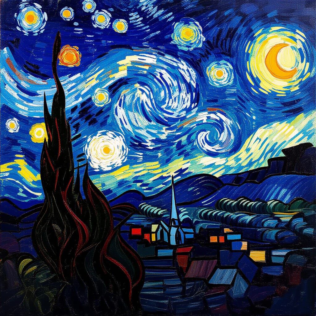 Starry Night Mountain Landscape Oil Painting