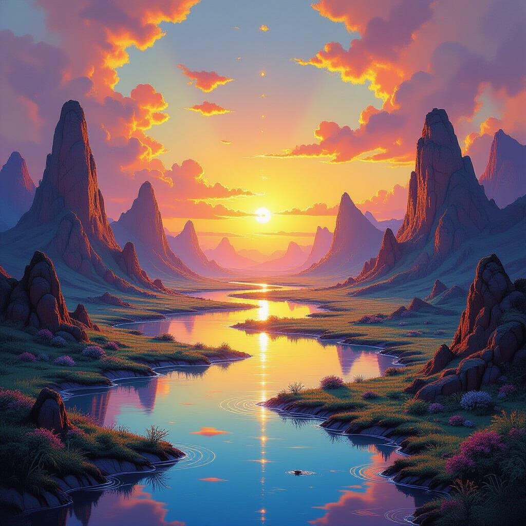 Dreamlike Fantastical Landscape Painting with Vibrant Colors
