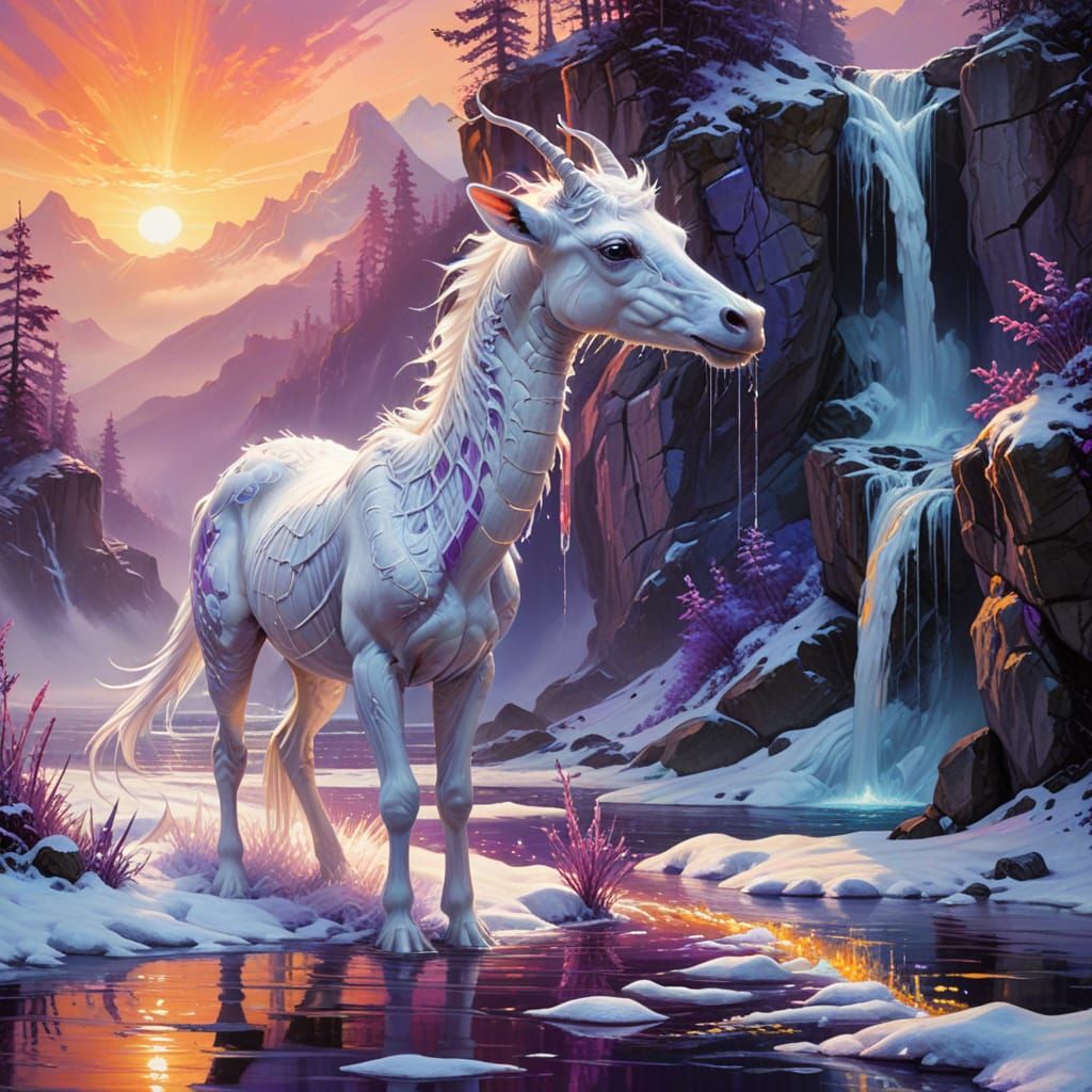 Ethereal Striped Creature in Oil Painting with Sunset