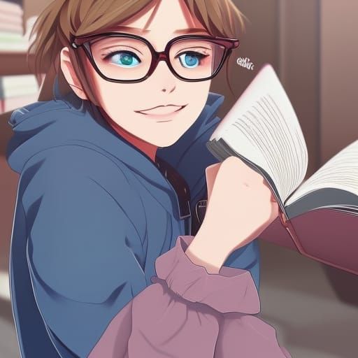 Anime Portrait: Girl Reading with Blue Eyes