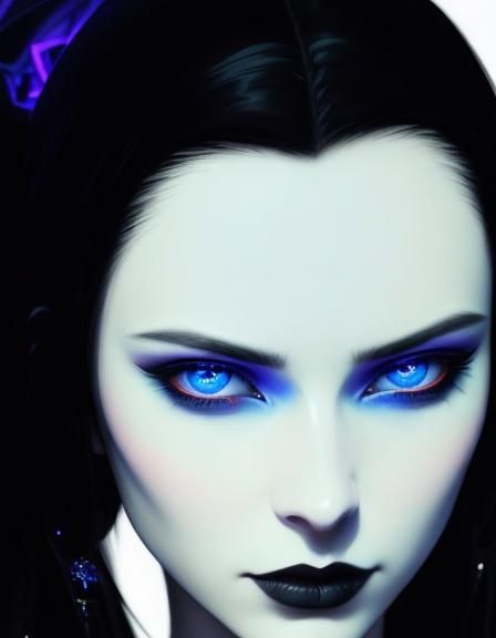 Ethereal portrait of a gothic beauty with long black hair and blue eyes& cool colors gothic art photorealism hyperrealis...