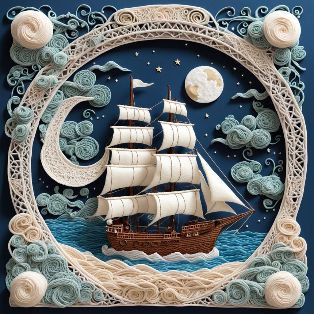 Moonlit Ship on High Seas: 3D Stumpwork