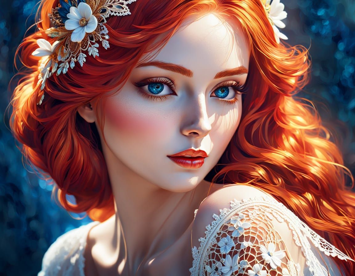 Red-Headed Woman in Lace: Fantasy Oil Painting