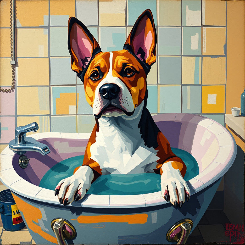 Anthropomorphic Dog Bathtub in Cubist Banksy Style