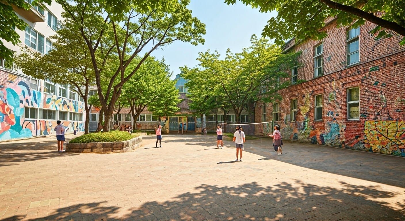 Korean Students Play Badminton in Sun-Drenched Courtyard