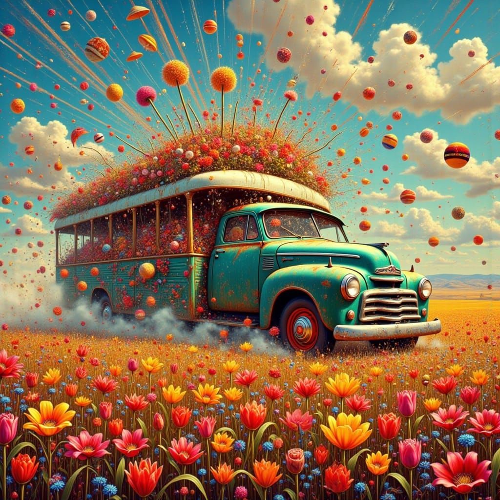 Surreal Oil Painting of a Bus in a Lily Field, in the Style...