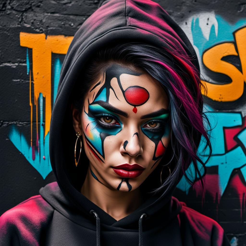 A stunning Latina Gangster girl with sad clown makeup dressed in a black hoodie and baggy sweatpants