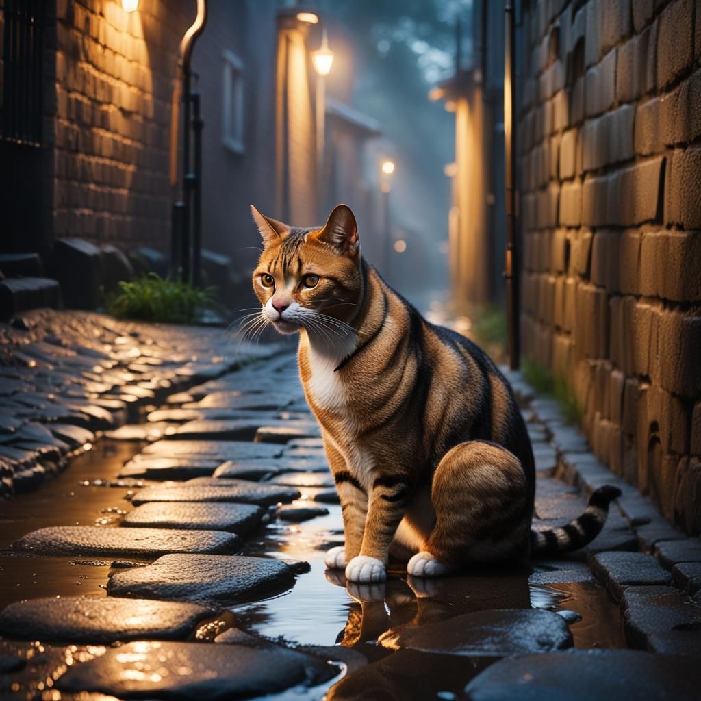 Hyperrealistic Alley Cat in Golden Hour Light