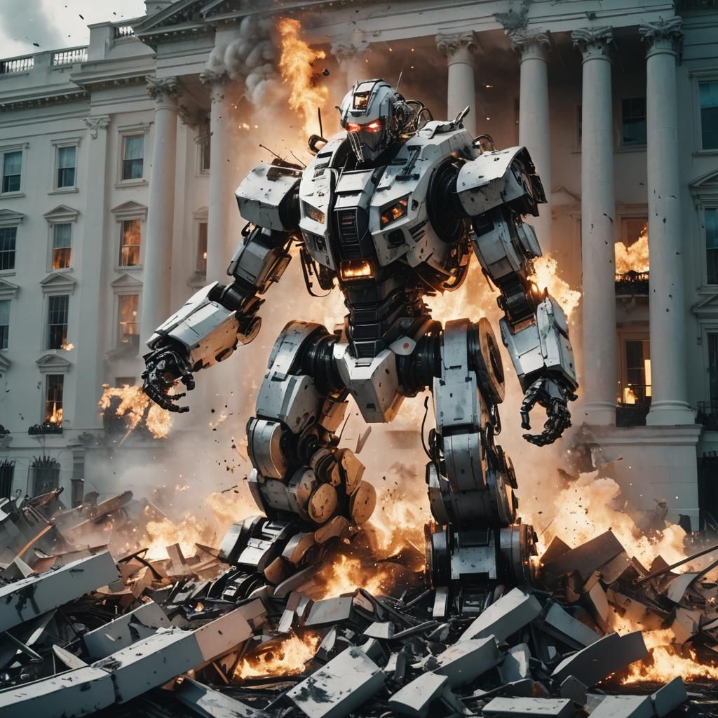 Robot Crushes White House: Mechanized Destruction Art