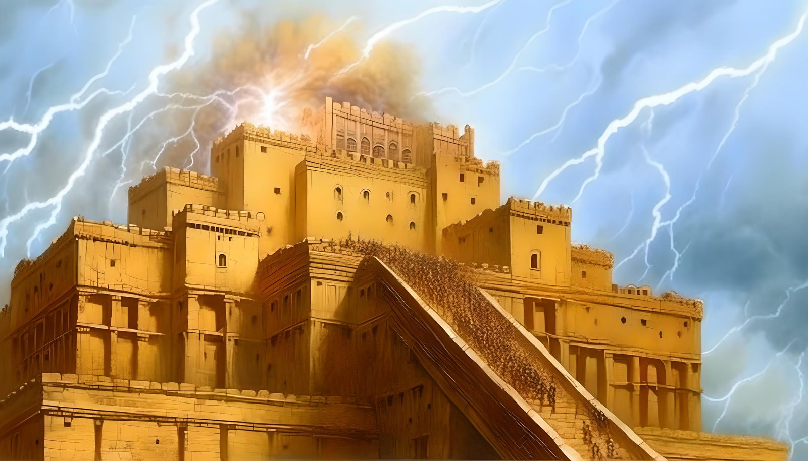 Tower of Babel Struck by Lightning, Dark Fantasy Art