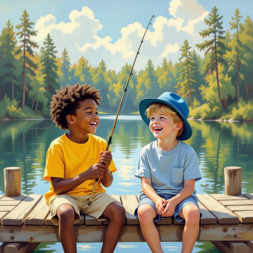 Boys Fishing on a Dock in Whimsical Style