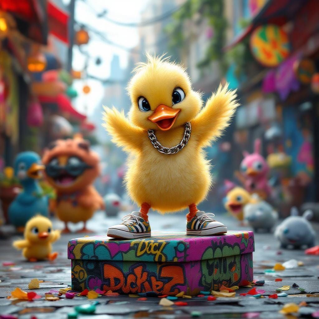 Duckling Breakdancing in a Matte Painting Style