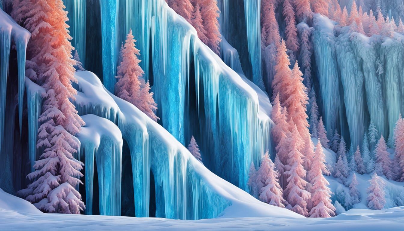Rainbow Icecycles on Frozen Waterfall in Oil Painting Style