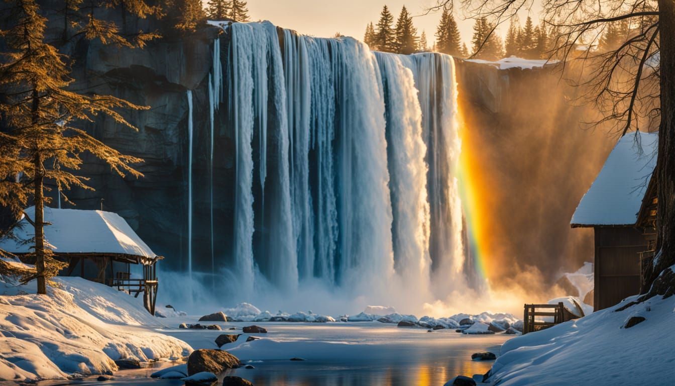 Rainbow Waterfall: Golden Hour Oil Painting
