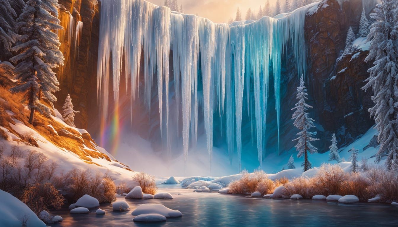 Rainbow Over Frozen Waterfall in Oil Painting Style