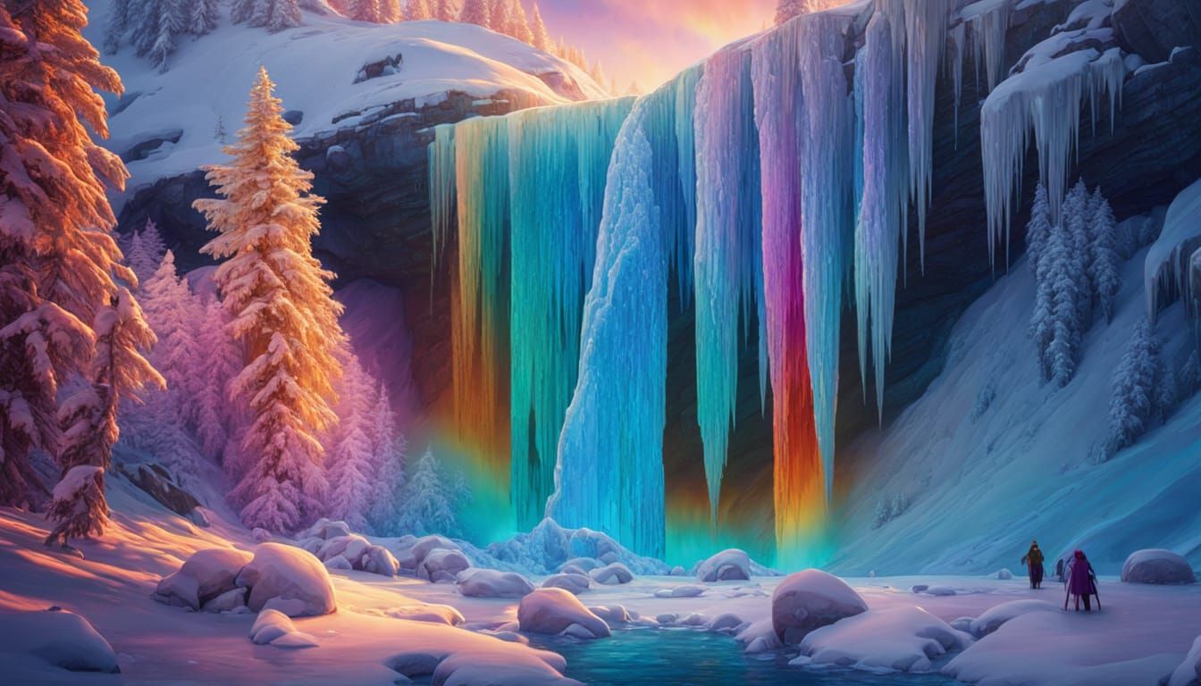 Rainbow Under Frozen Waterfall in Oil Painting Style