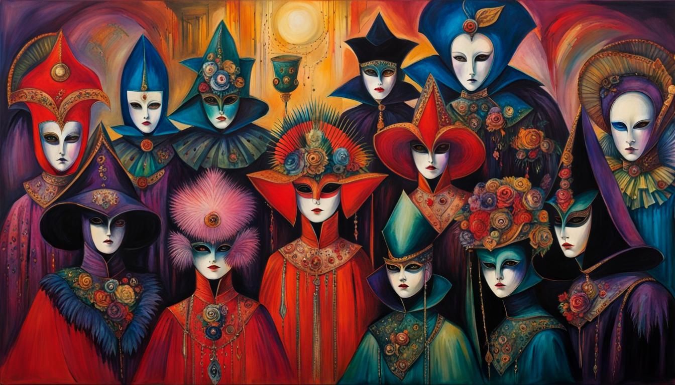 Creepy Secret Society Meeting with Venetian Masks