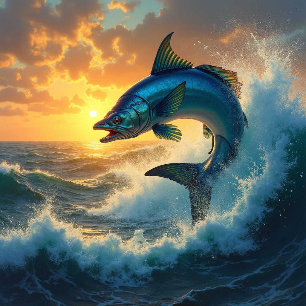 Colossal Iridescent Fish Leaps From Ocean At Sunset