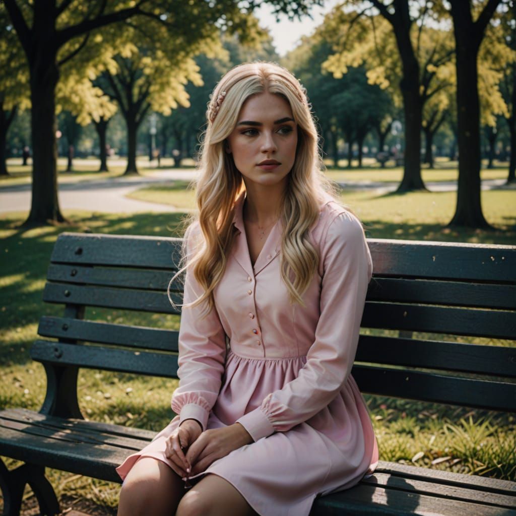 Crossdressing Boy in Pink Dress Sits on Park Bench