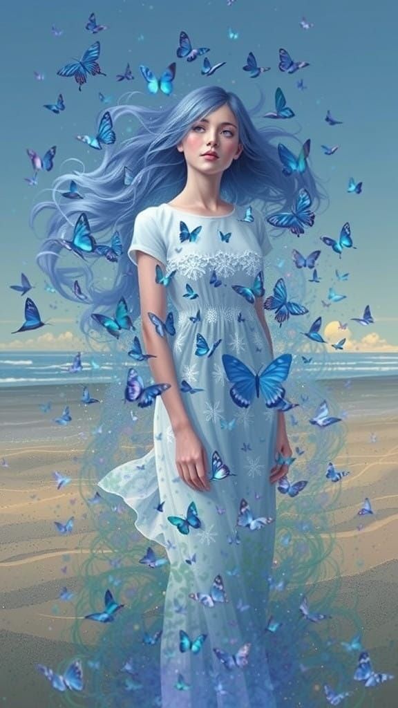 Ethereal Blue-Haired Beauty on a Tranquil Beach at Sunset