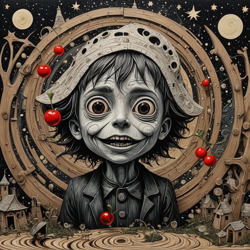 Cherry Gazing at Spaceship in Psychedelic Bosch Style