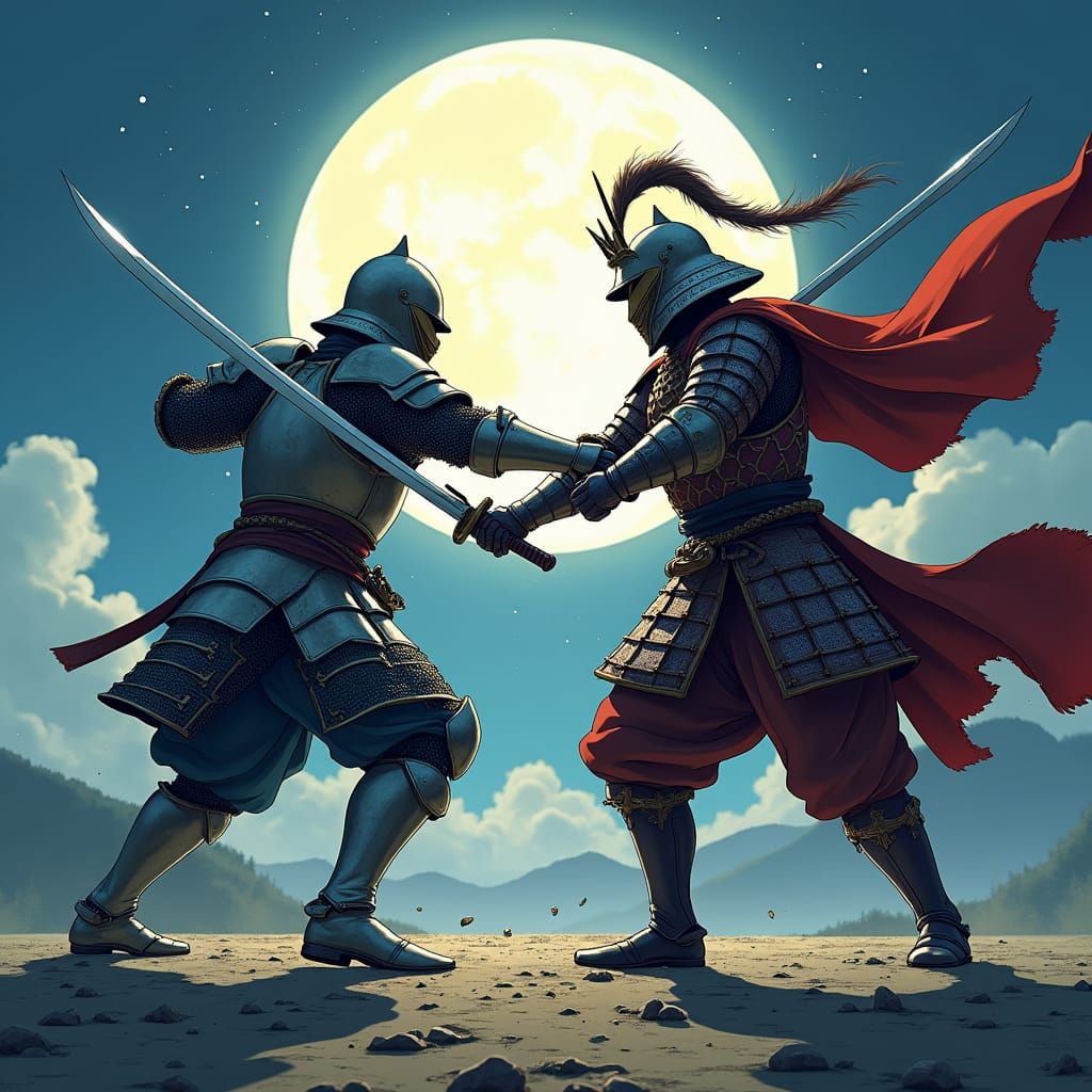 Knight vs Samurai Duel Under Moon in Anime Style