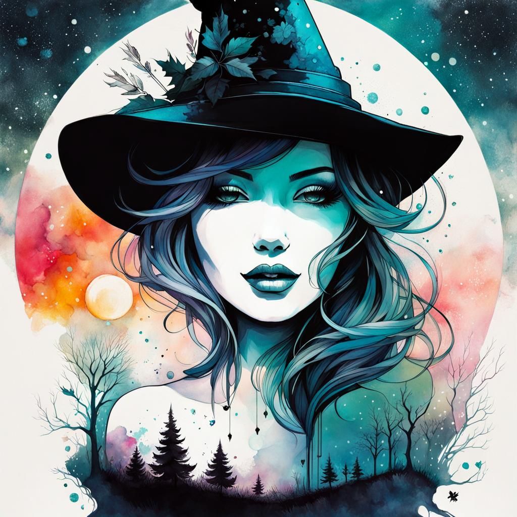 Snowman in Witch Hat, Alcohol Ink Illustration