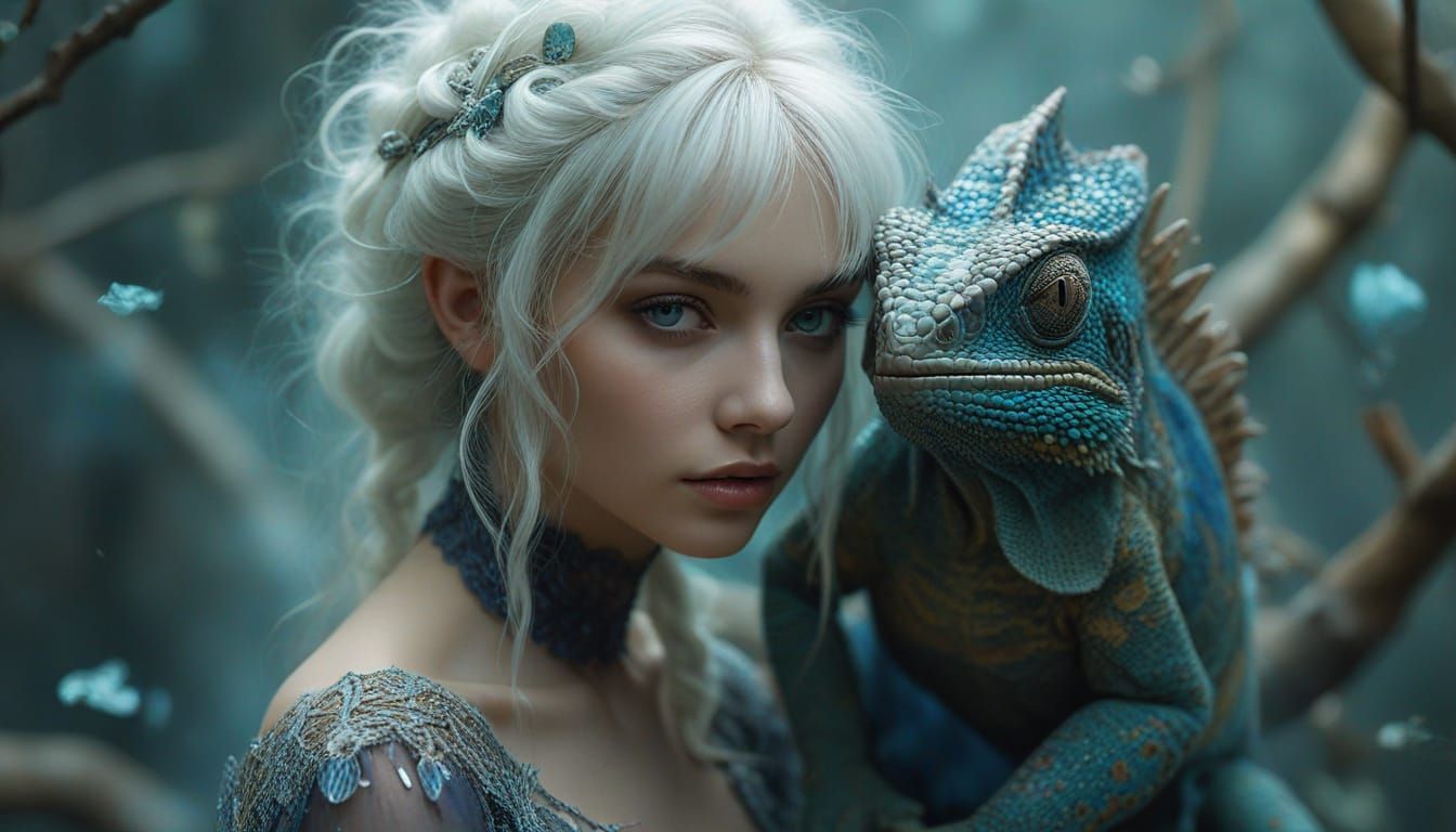 Whimsical Woman with Chameleon in Gothic Elegance