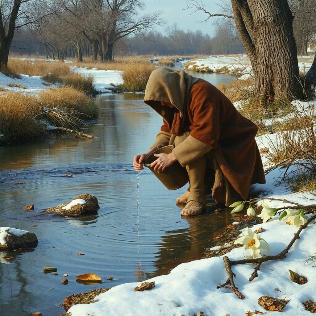 solitary peasant figure kneeling at the riverbank