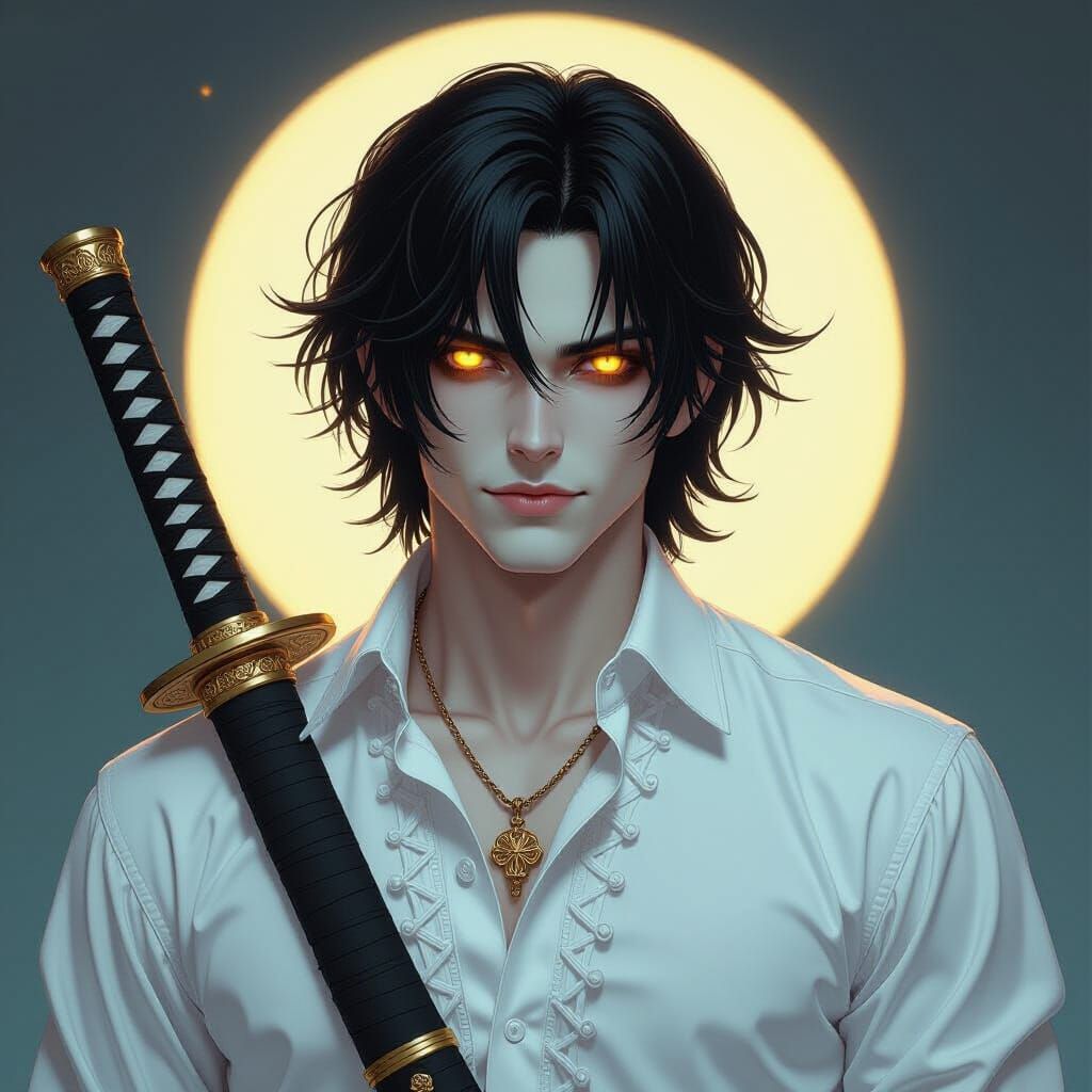 Dark Fantasy Man in Laced Shirt with Glowing Eyes