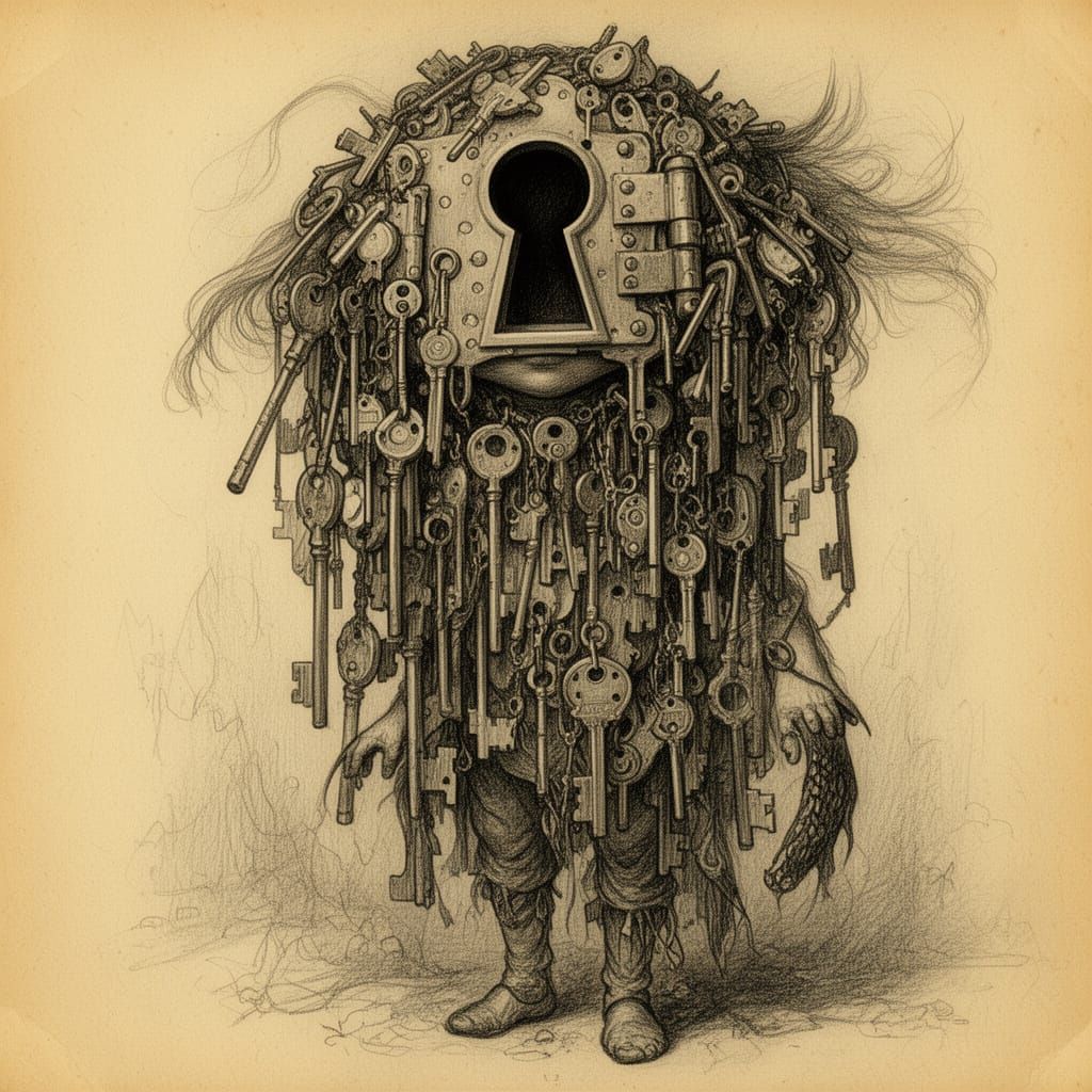 Key Figure with Keyhole Face in Charcoal Style