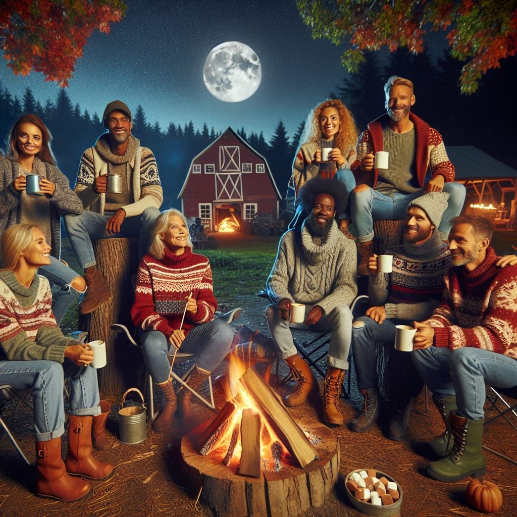 Friends Gather 'Round Campfire Under Harvest Moon