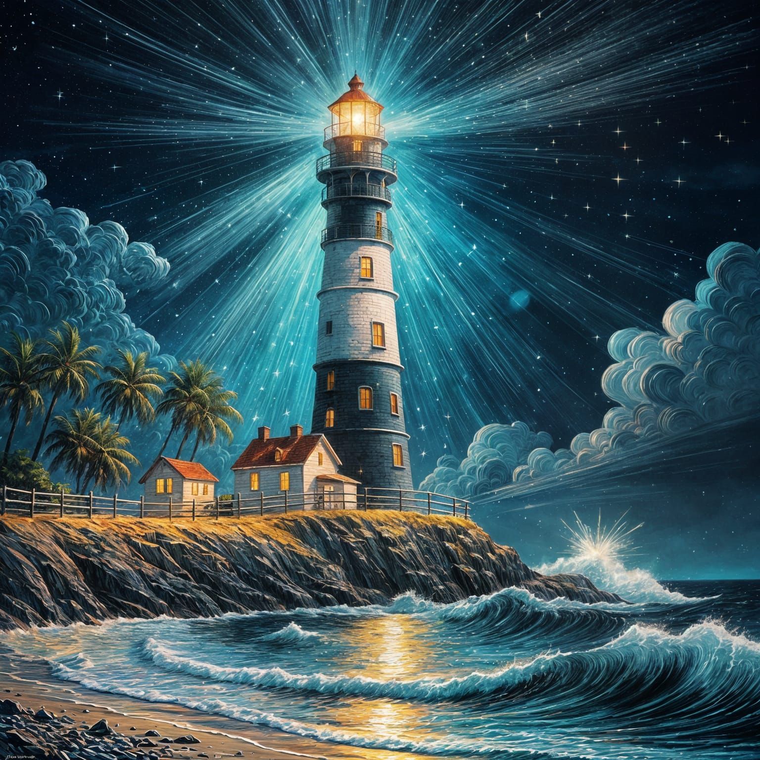 Luminous Lighthouse in Neon Impasto