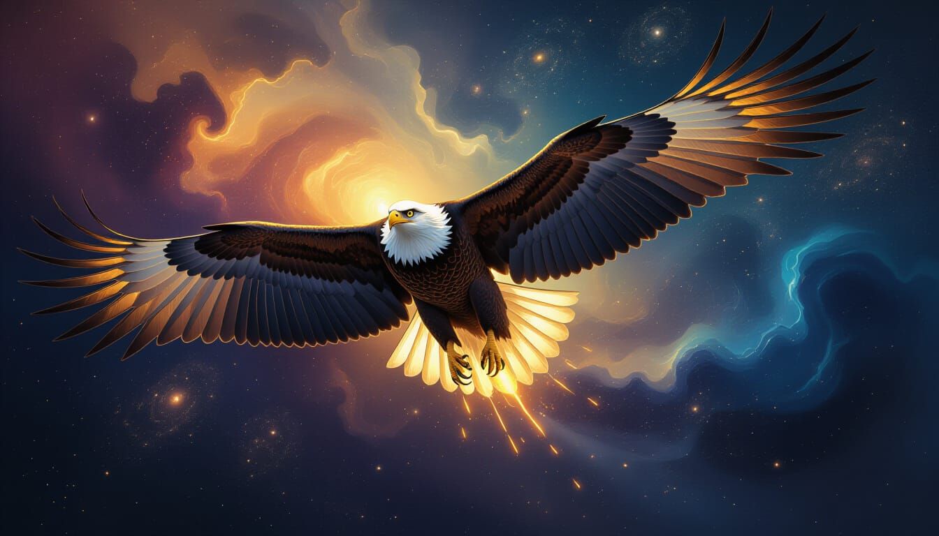 Golden Liquid Eagle Soars Through Cosmic Paint Nebula