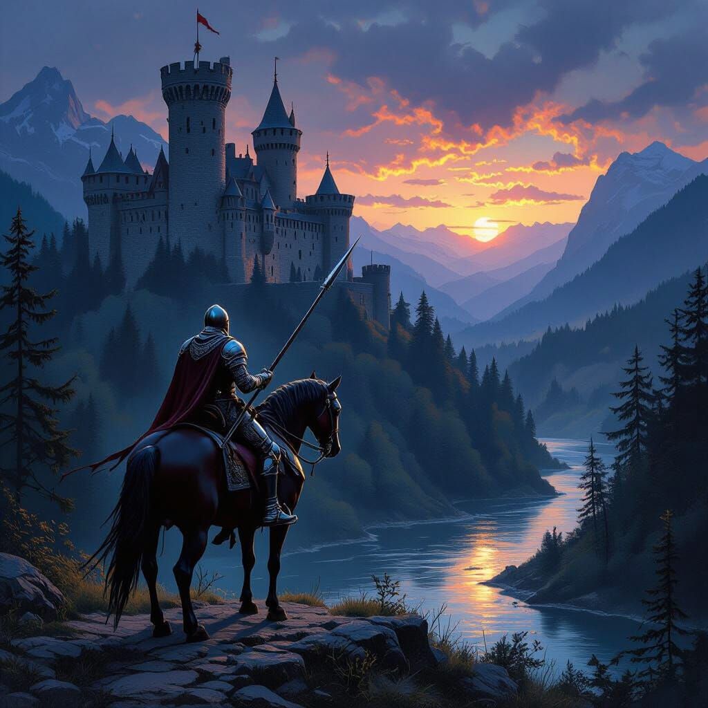 Medieval Knight Awaits Castle Drawbridge in Evening Landscap...