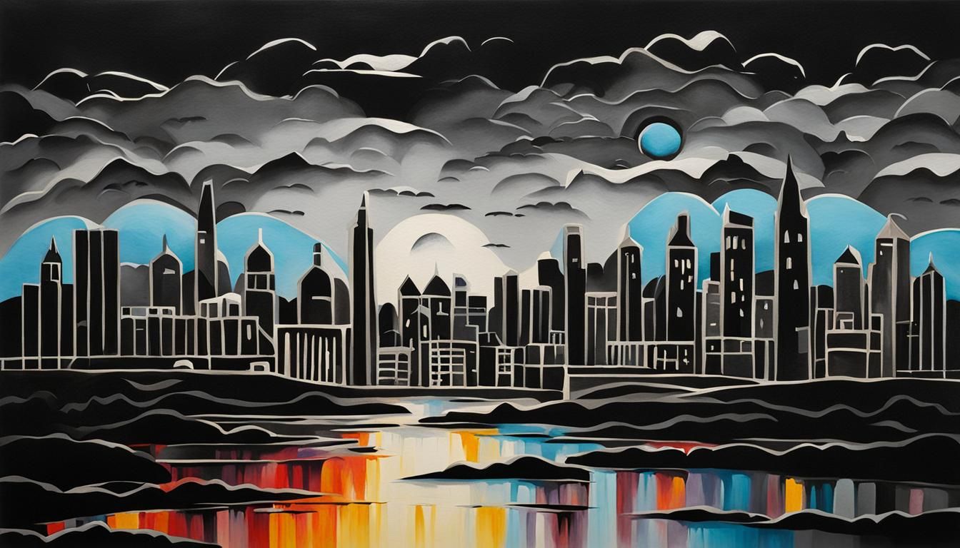 Black Paper Cut Cityscape Oil Painting