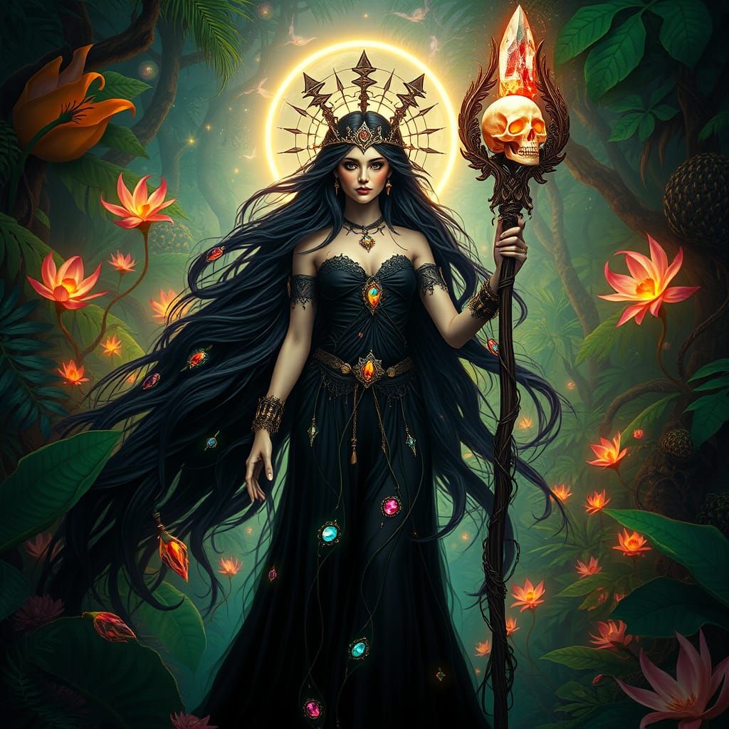 Goddess in Bioluminescent Jungle, Art Nouveau Style