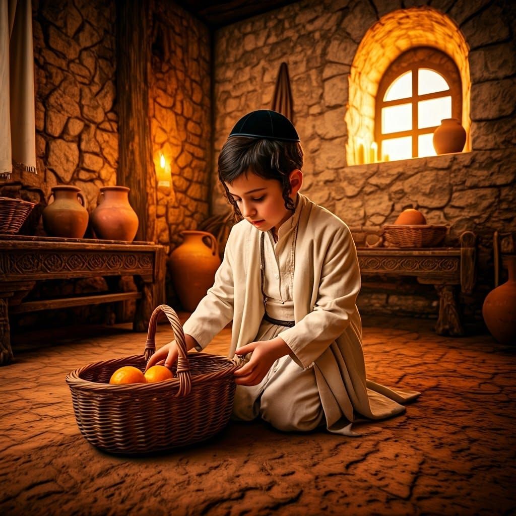 Young Jewish Boy in Ancient Rustic House with Oranges