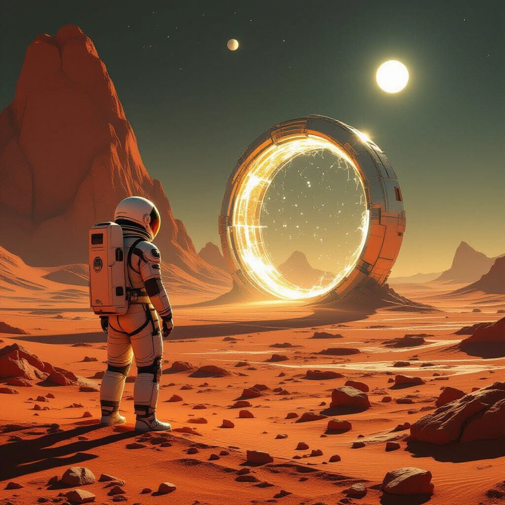 Astronaut Gazes at Portal on Alien World