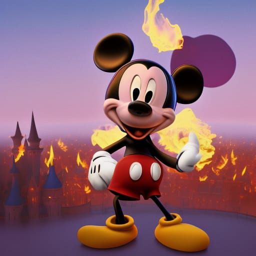 Evil Mickey Mouse in Flaming Disneyland: Pixar Style