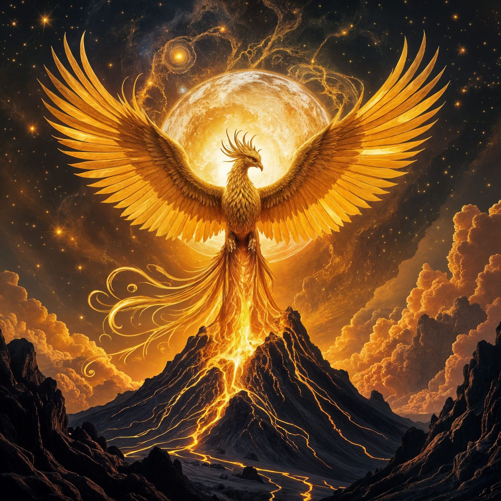 Golden Phoenix Emerges from Volcano of Molten Gold