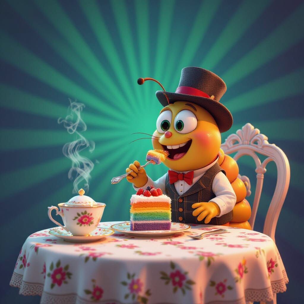 Caterpillar's Delight: Rainbow Cake Tea Party in 3D