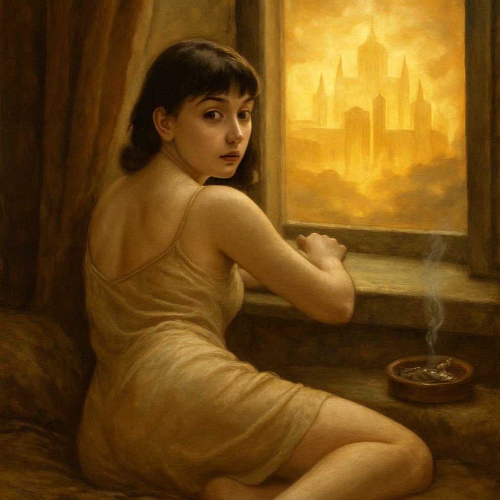 Classical Oil Painting of Woman with Holy City View