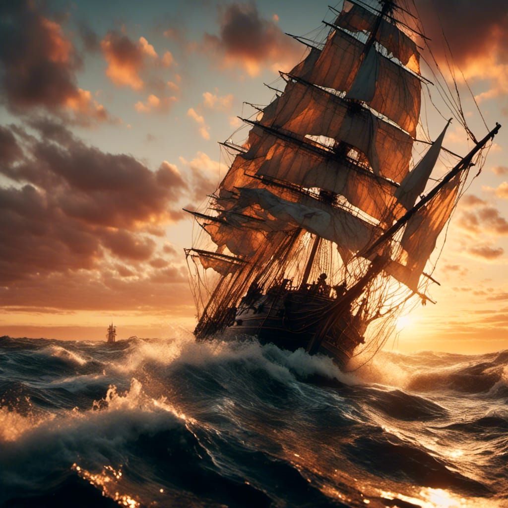 Majestic Sailing Ship Navigating Stormy Seas