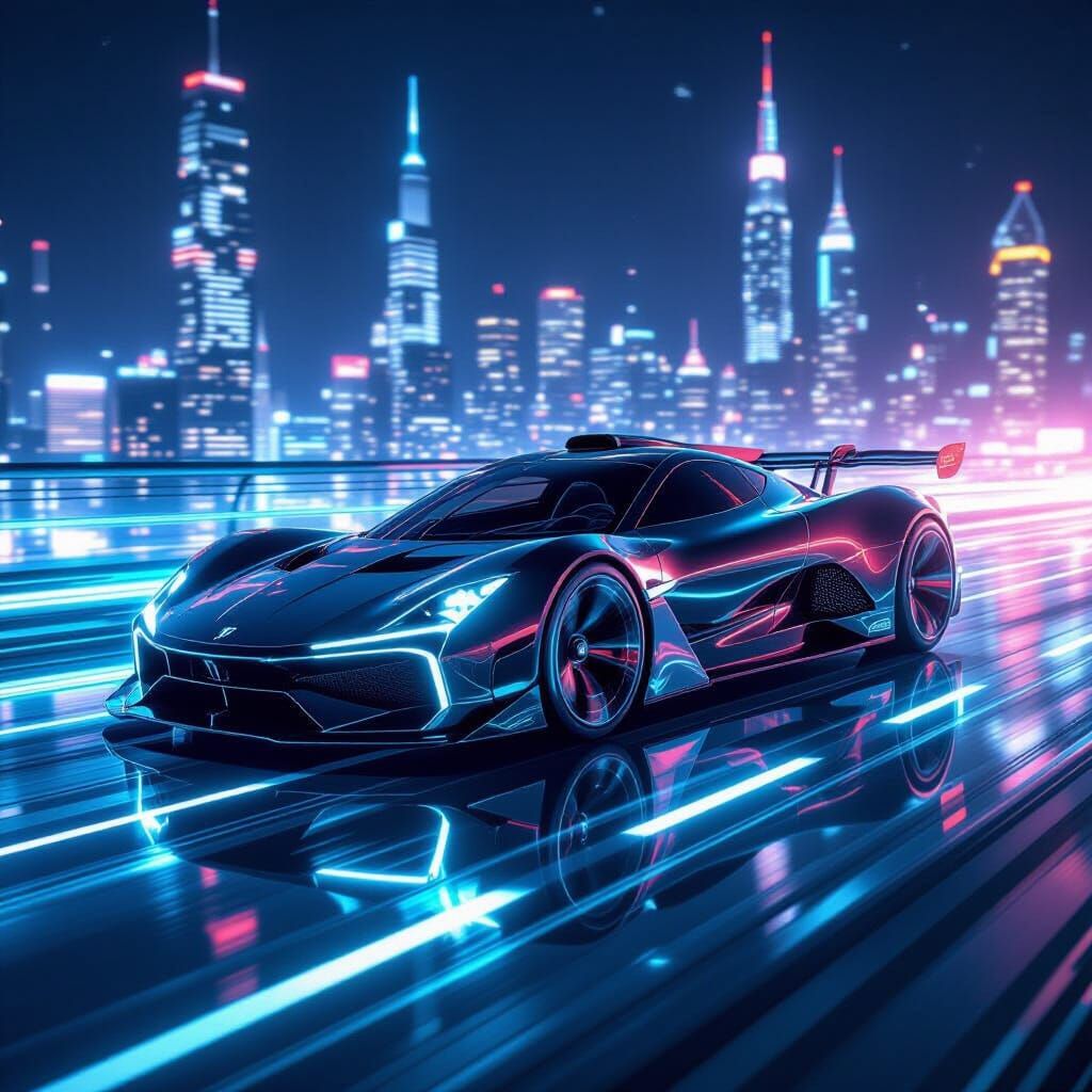 Futuristic Car Speeds Through Neon Cityscape