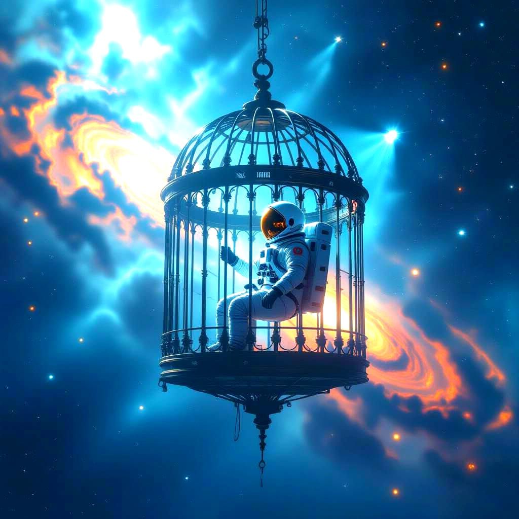 Astronaut Adrift Near Ornate Birdcage Space Station